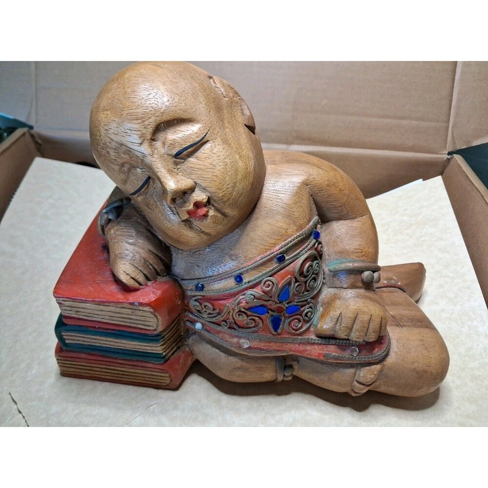 Vintage Chinese Wood Hand Carved/Painted Good Luck Sleeping Boy Buddha Figurine